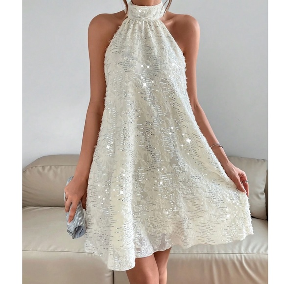 BellanBlue Dresses & Skirts - Luxe Sequin Fuzzy Party Evening Holiday Halter Dress
